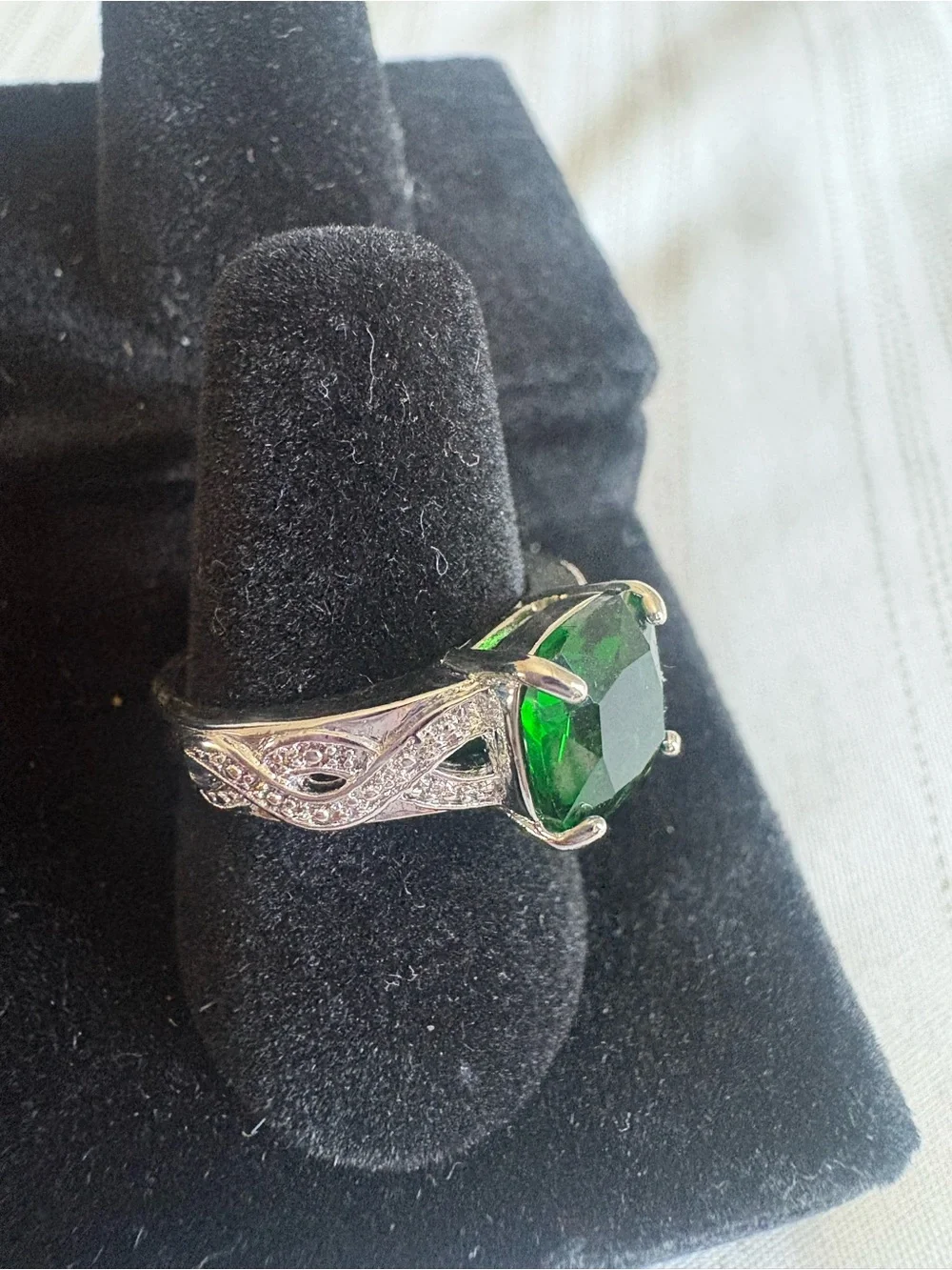 Green Cushion-Cut Statement Ring with Clear Accents